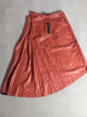 House of Harlow 1960 Rust Pleated Faux-Leather Midi Skirt with Gathered Detail